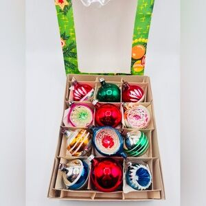 Vintage German Glass Reflector Ornaments Set of 12 2 Inch Boxed